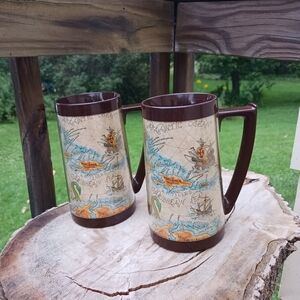 Vintage‎ 70s THERMO-SERV Atlas/ Map/sea (Mexico) Insulated Cups & Mugs, Set Of 2